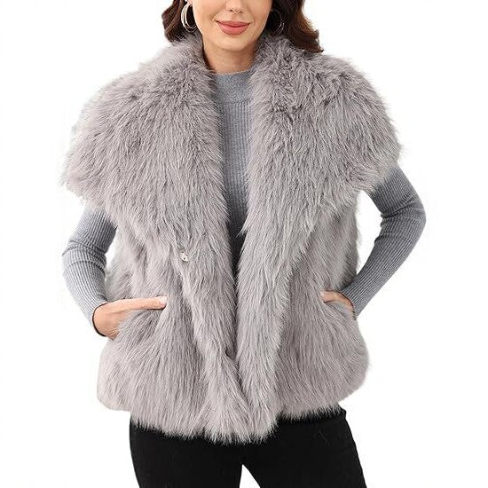 Ladies sleeveless long-pile faux fur vest with voluminous shawl collar Mune Fashion