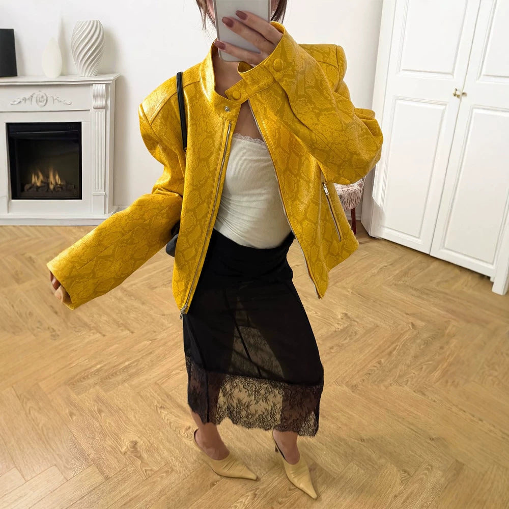 Women short cut snake embossed biker jacket with stand collar and zip pockets Mune Fashion