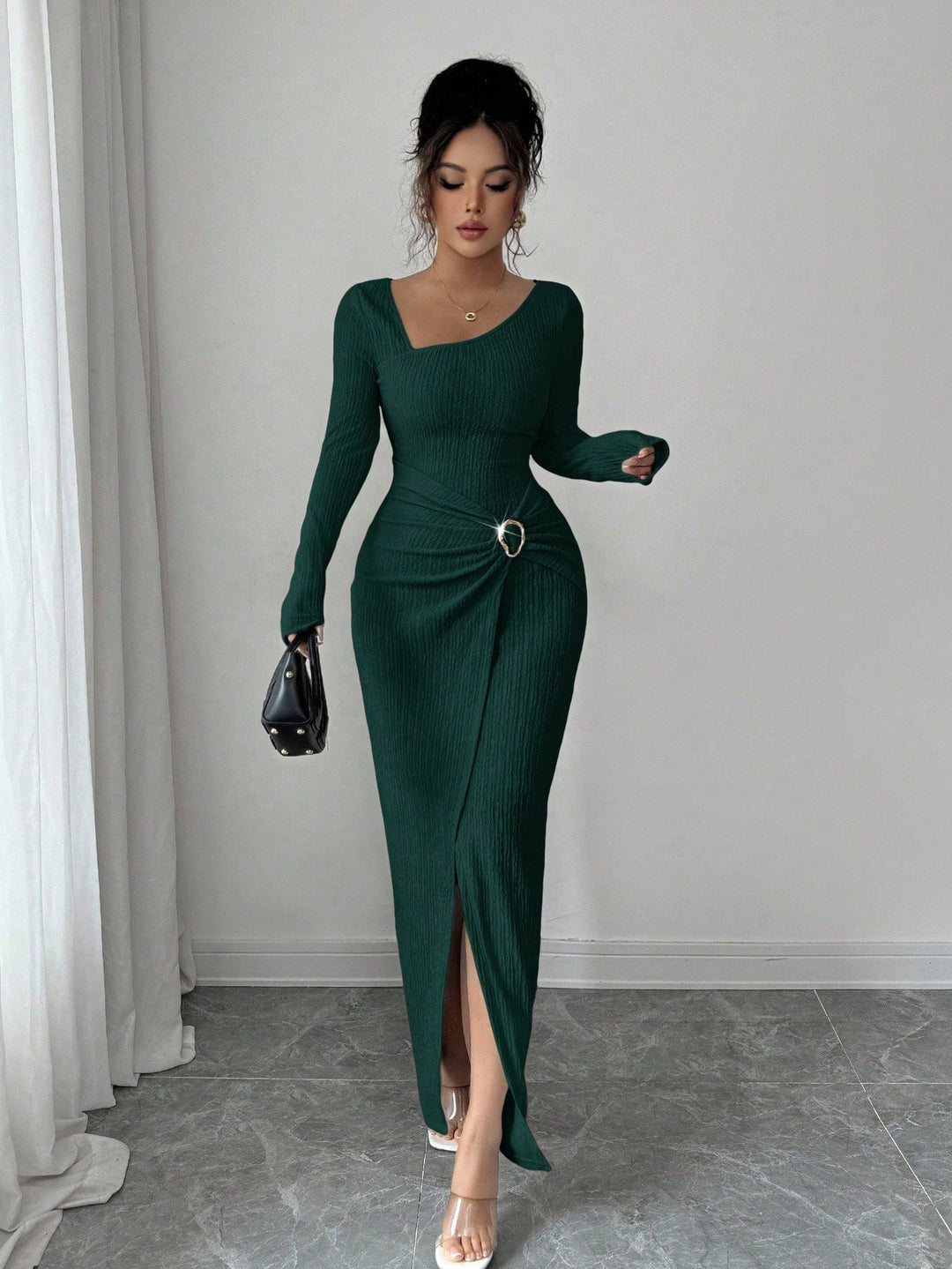 Women’s figure-hugging maxi dress made of ribbed knit with wrap detail and slit Mune Fashion