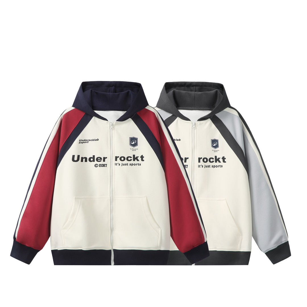 Unisex Hooded Zip Jacket in Retro Sports Style with Color Block Inserts and Kangaroo Pocket Mune Fashion