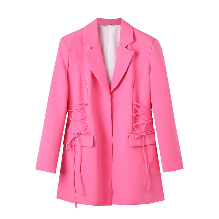 Women's tailored long blazer with side lacing and flap pockets Mune Fashion