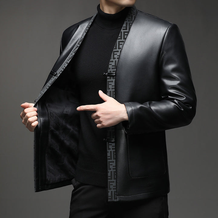 Men's Faux Leather Cardigan Jacket with KnMune Fashion Fastenings and Contrasting Shawl Collar Mune Fashion