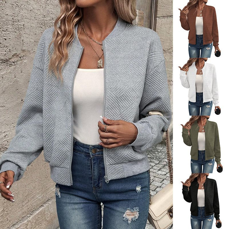 Women Structured Bomber Cardigan with Zipper and Ribbed Cuffs Mune Fashion