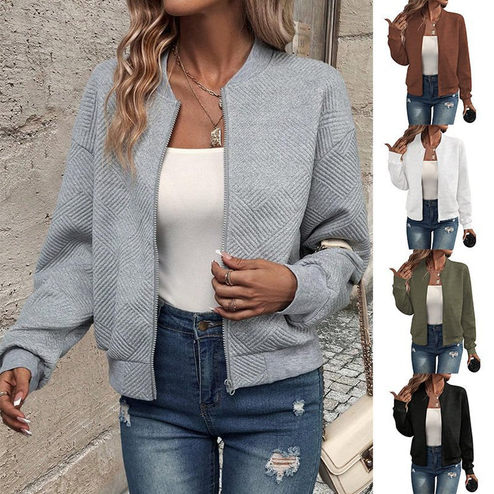Women Structured Bomber Cardigan with Zipper and Ribbed Cuffs Mune Fashion