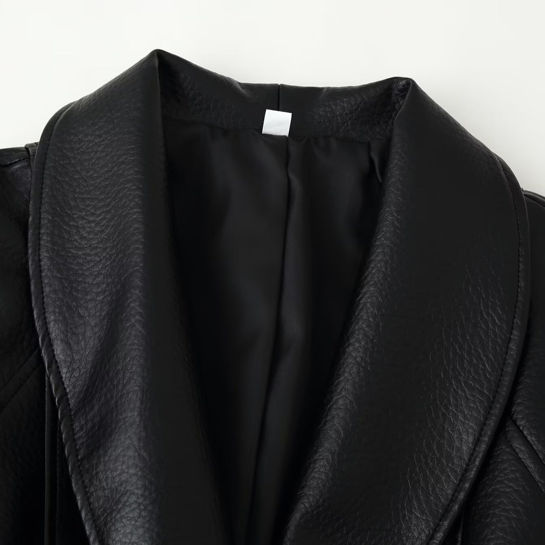 Women's short blazer made of vegan leather with shawl collar and waist tie belt Mune Fashion
