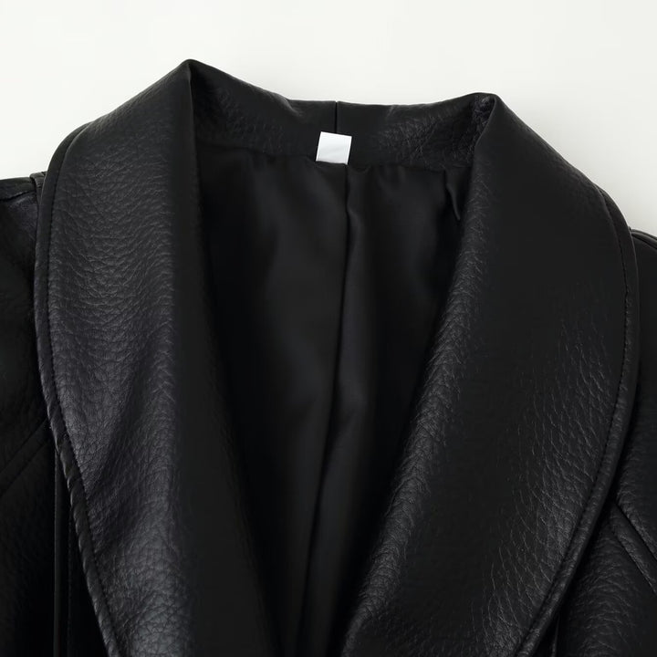 Women's short blazer made of vegan leather with shawl collar and waist tie belt Mune Fashion