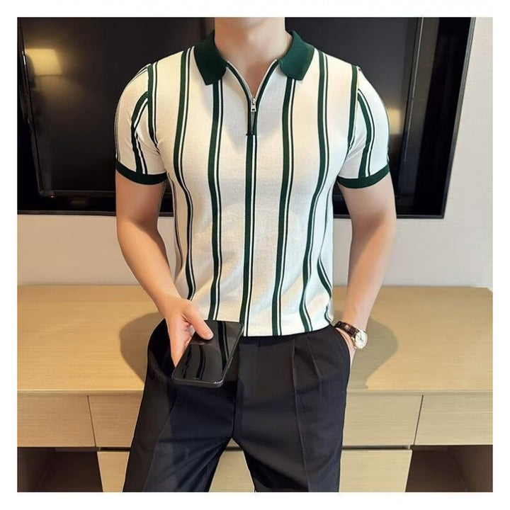 Men's sporty polo shirt with zipper and stripes Mune Fashion