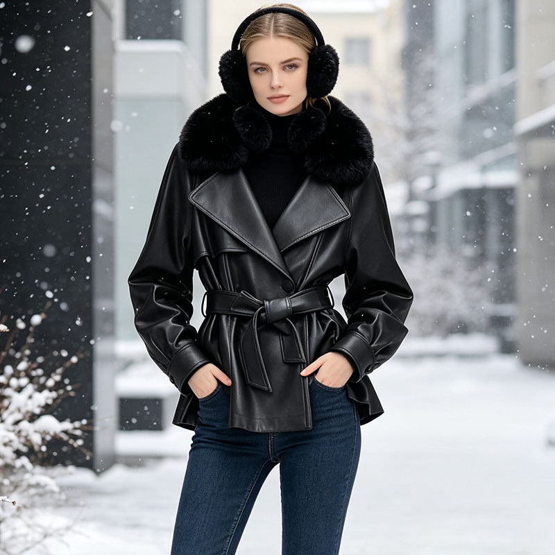 Ladies short coat made of faux leather with removable faux fur collar and waist belt Mune Fashion