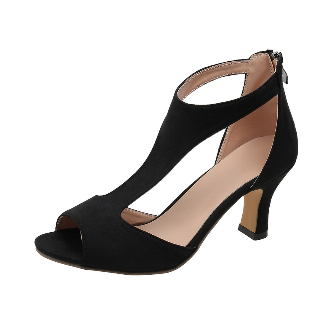 Ladies' elegant T-shaped strap pumps with open toe, rear zipper and mid-high stiletto heel Mune Fashion