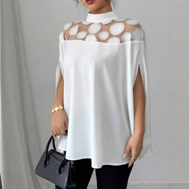 Women's elegant tunic blouse with stand-up collar, transparent round application panel and cape sleeves Mune Fashion
