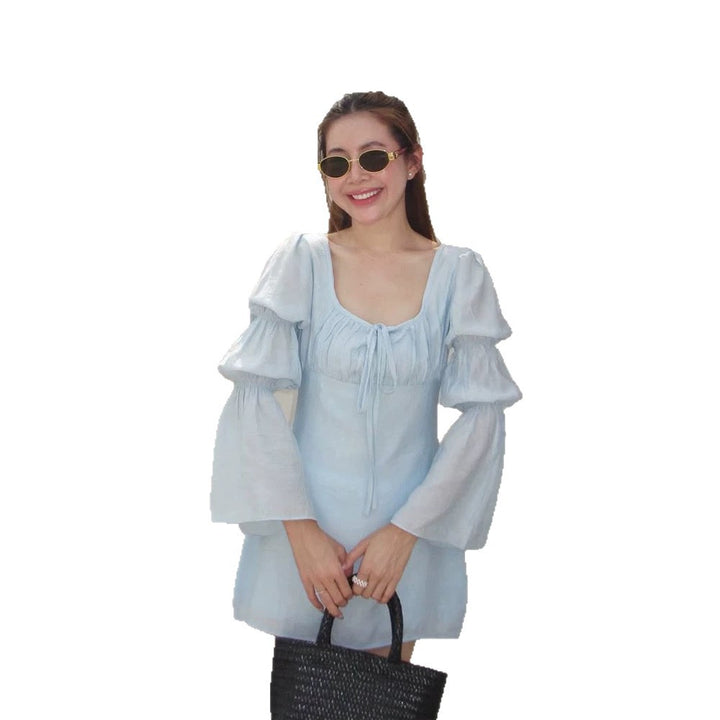 Women’s lightly waist-accentuating mini dress with layered flounce sleeves & lacing detail Mune Fashion