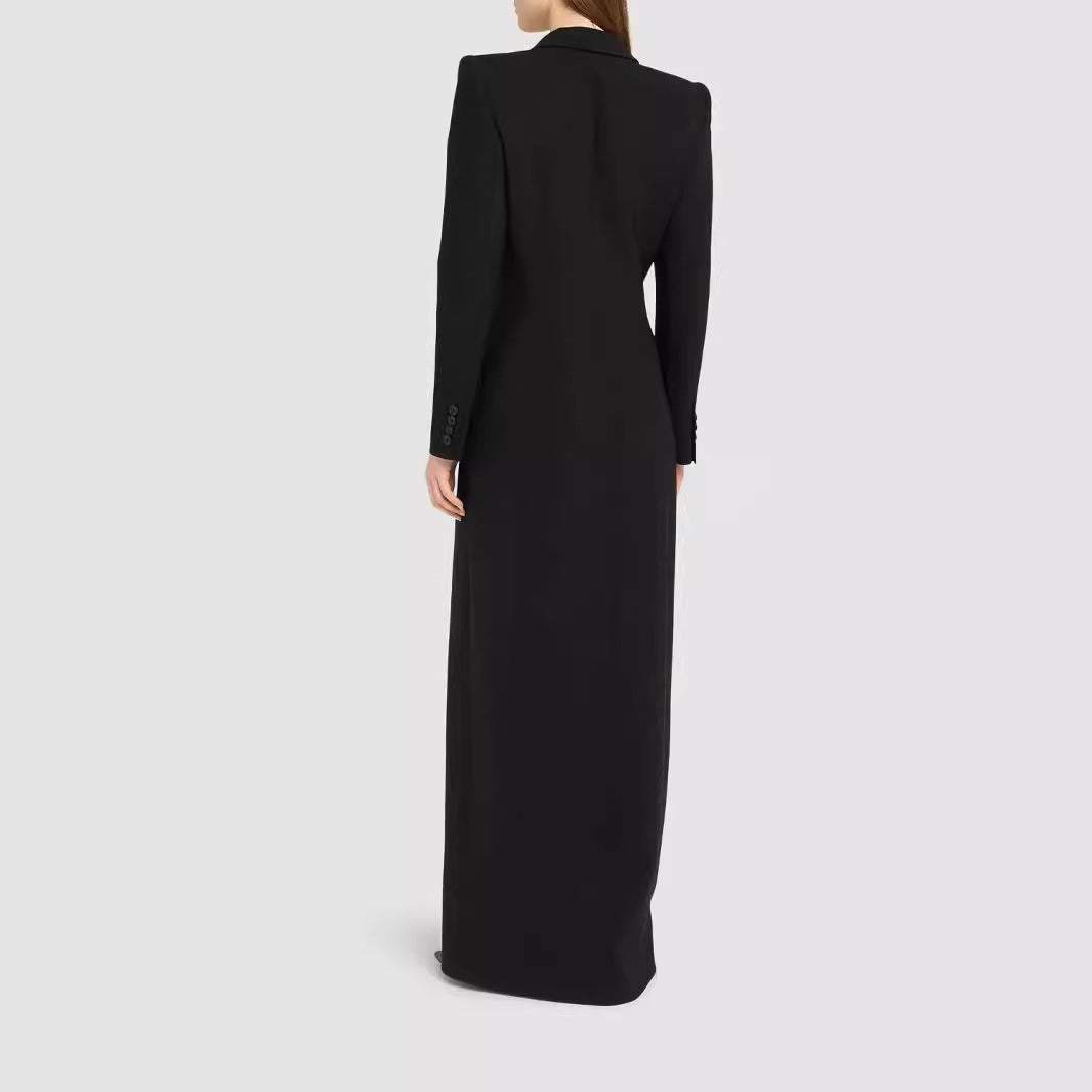 Women’s long tailored blazer dress with deep V-neckline and structured shoulder pads Mune Fashion