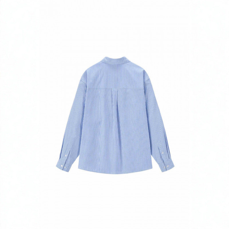 Women Oversize Casual Shirt with fine pinstripe and decorative bow application Mune Fashion