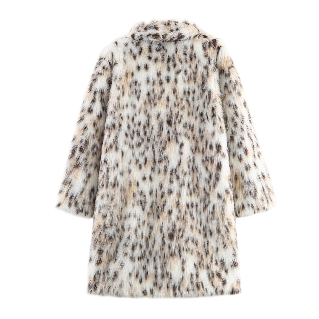 Women's midi coat made of faux fur with leopard print, oversized fit and shawl collar Mune Fashion