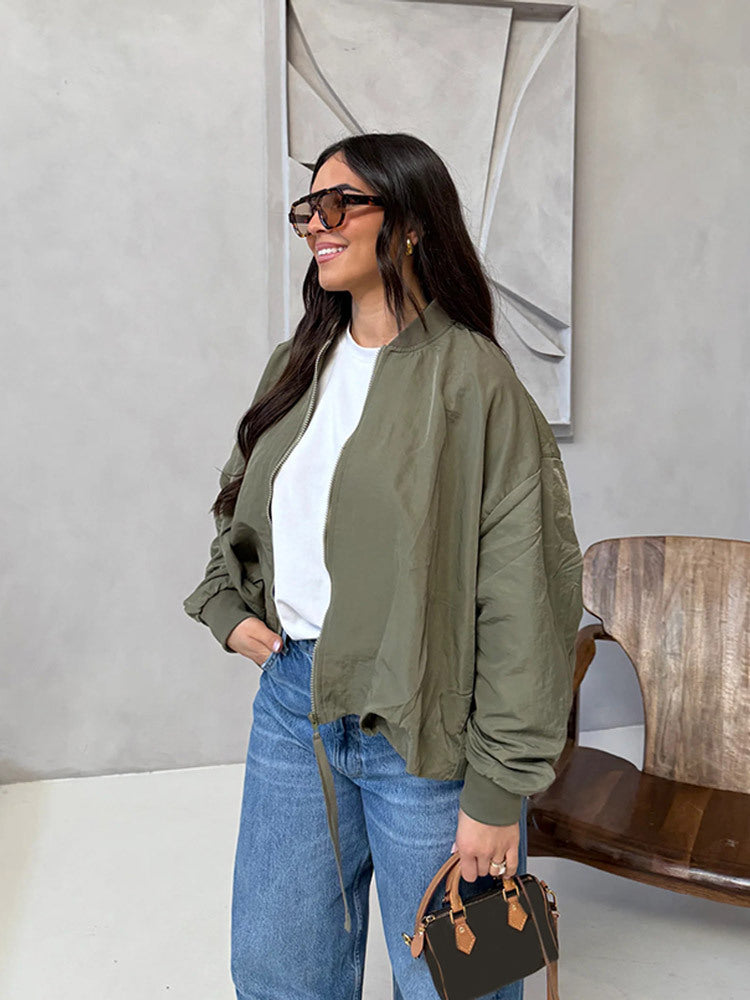 Women Oversize Bomber Jacket with drawstring, ribbed cuffs and lightweight nylon finish Mune Fashion