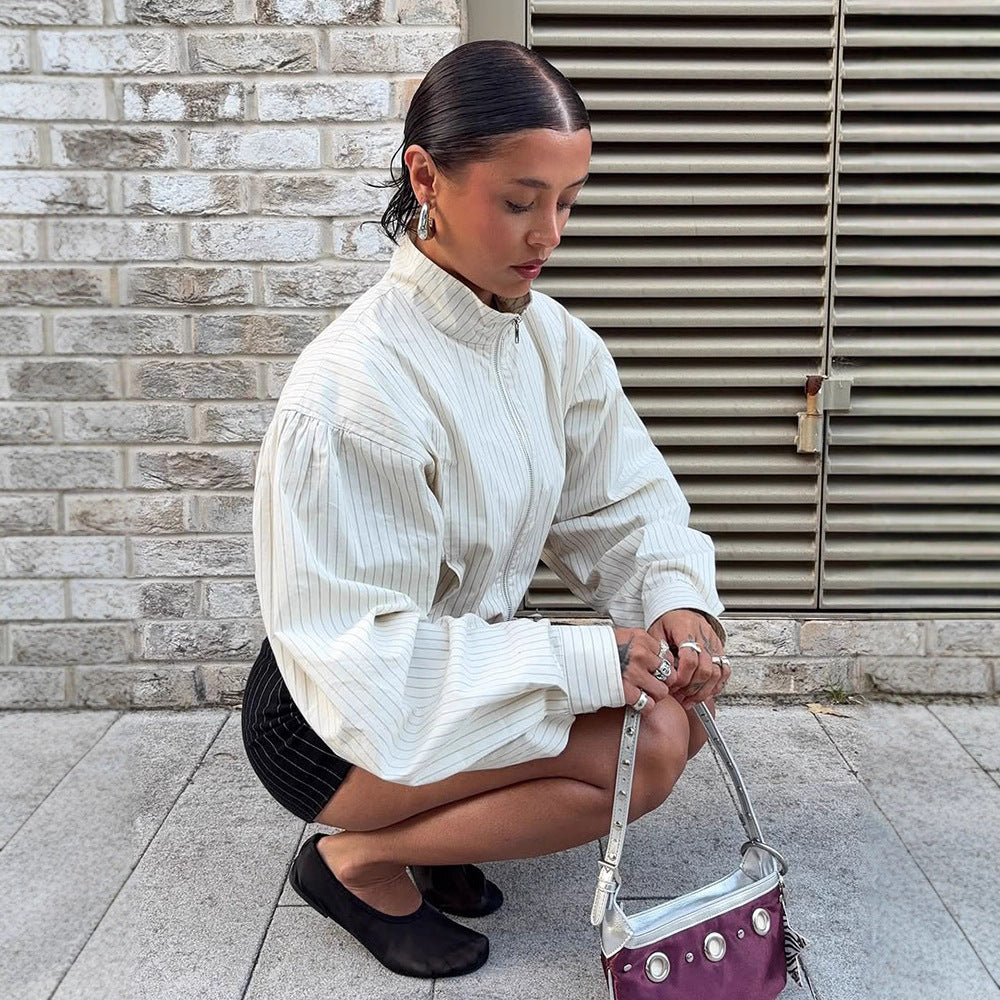 Women Short fitted bomber jacket with stand-up collar and fine pinstripe texture Mune Fashion