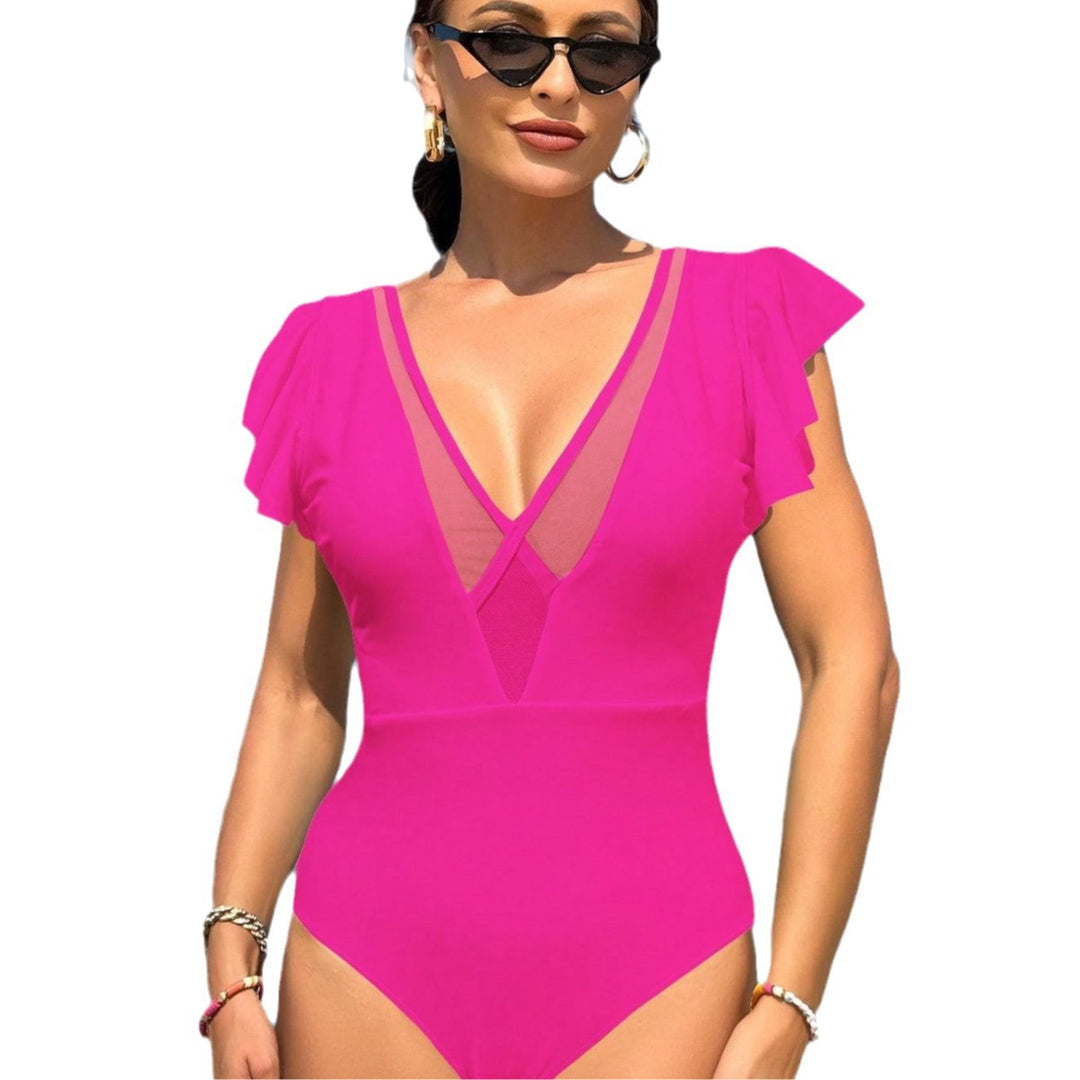 Ladies' one-piece swimsuit with elegant ruffles and deep V-neck Mune Fashion