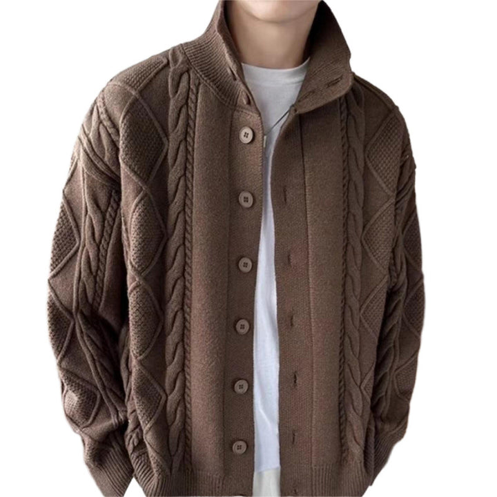Men's Loose Knit Cardigan with High Stand-up Collar and Cable Pattern Mune Fashion