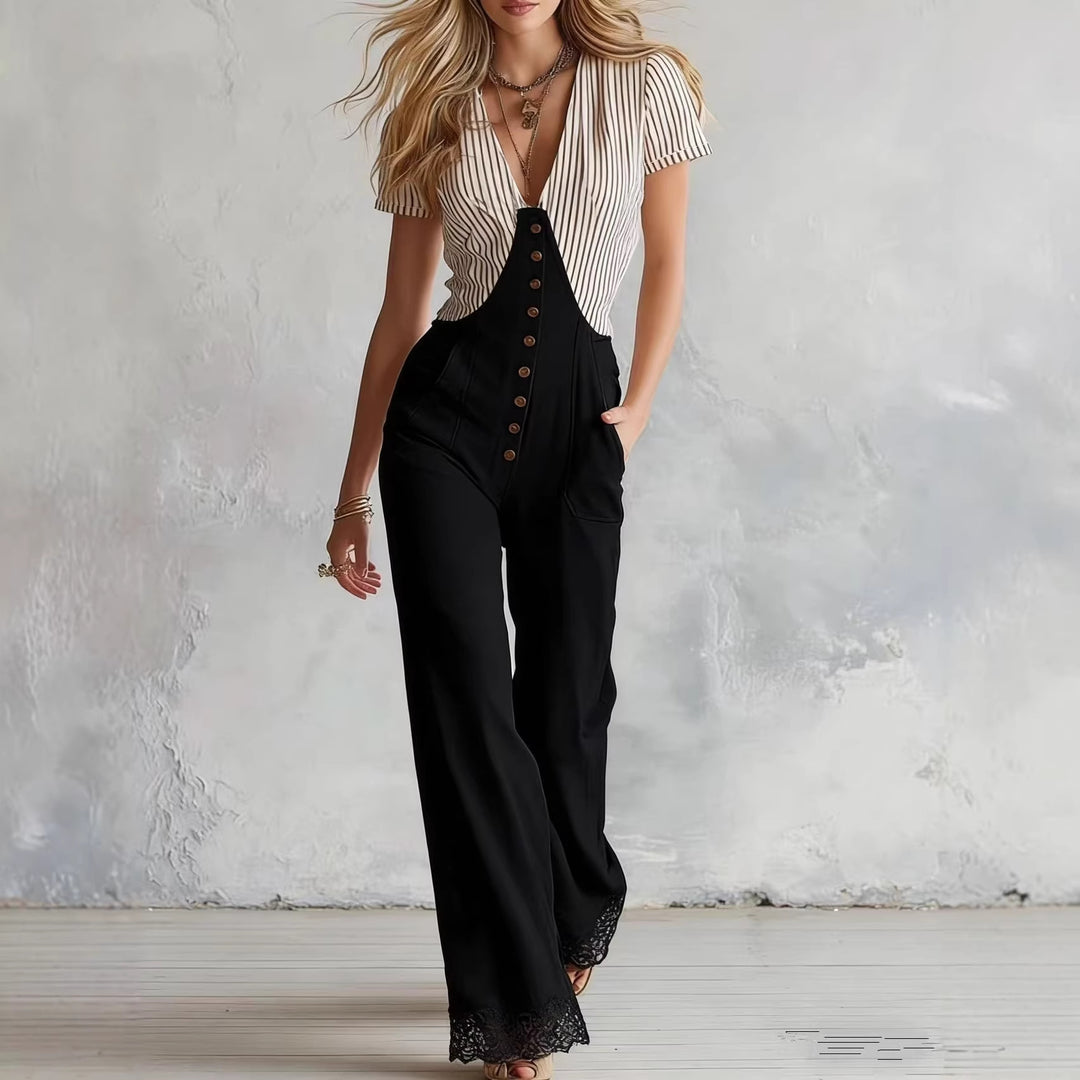 Women's Tailored Jumpsuit with V-Neck, Button Placket and Lace Trim Mune Fashion