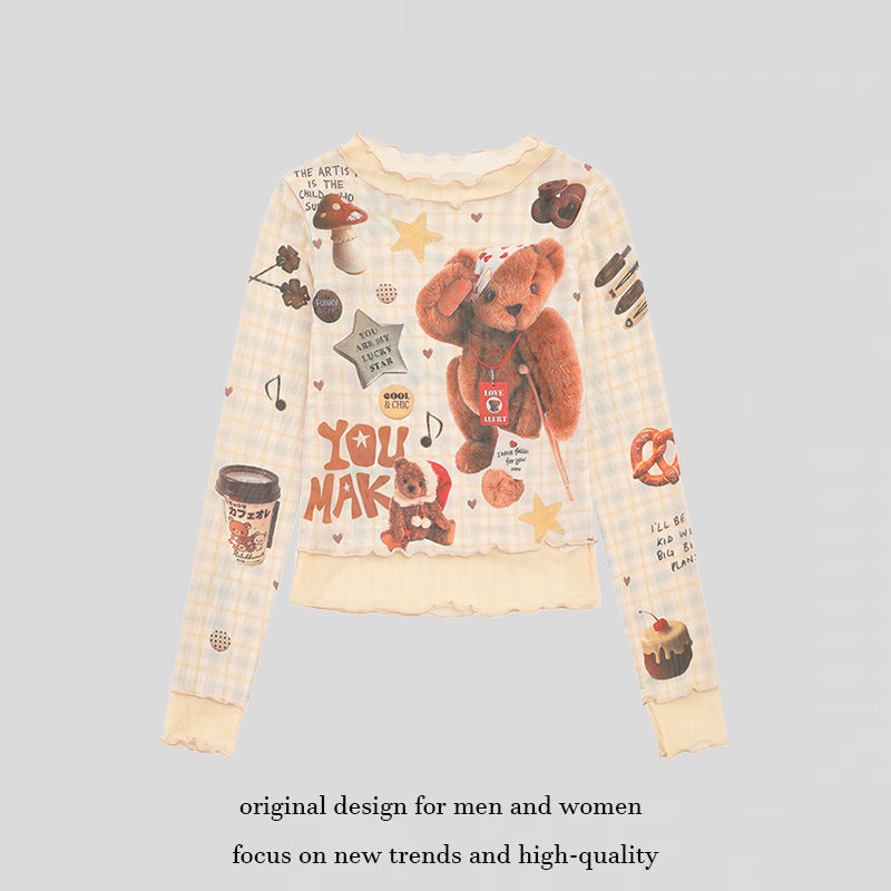 Women's Long Sleeve Mesh Top with Teddy Print and Layered Look Mune Fashion
