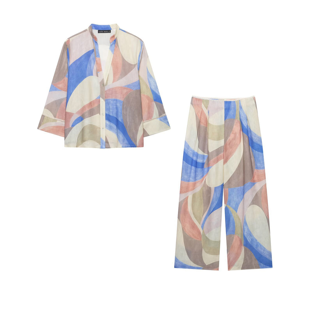 Women's Wide Linen Pants with Abstract Watercolor Print and High Waist Drune