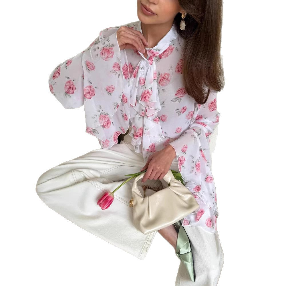 Women's chiffon blouse with rose print, ruffles and bell sleeves Mune Fashion