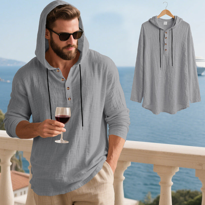 Men's casual hooded Henley shirt in linen look with continuous button placket and relaxed fit Mune Fashion