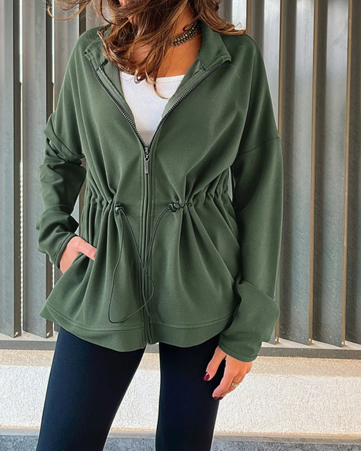Women’s hooded jacket with waist drawstring, zipper, and side pockets Drune