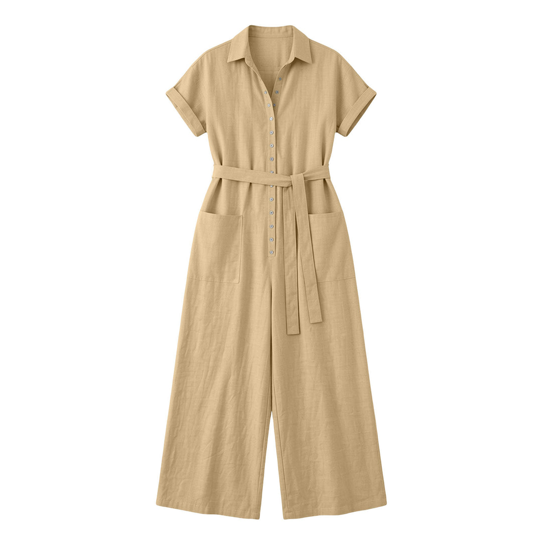 Women's Shirt Blouse Jumpsuit with Wide Leg, Patch Pockets and Tied Belt Mune Fashion