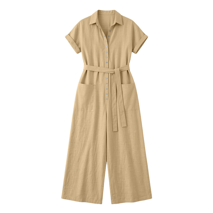 Women's Shirt Blouse Jumpsuit with Wide Leg, Patch Pockets and Tied Belt Mune Fashion