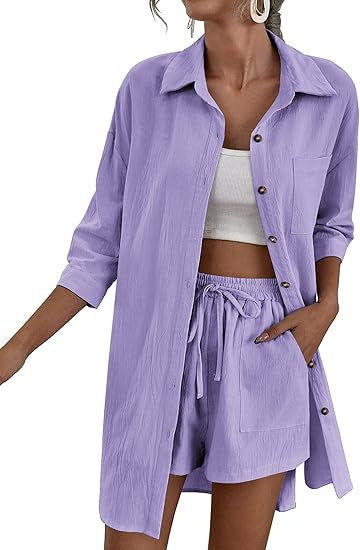 Women's Lightweight Longline Shirt Jacket Set with Elastic High-Waist Shorts Mune Fashion