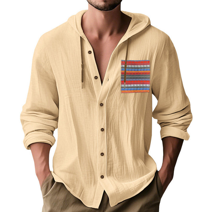 Men's lightweight hooded shirt jacket made of structured cotton blend with ethnic chest pocket and button placket Mune Fashion