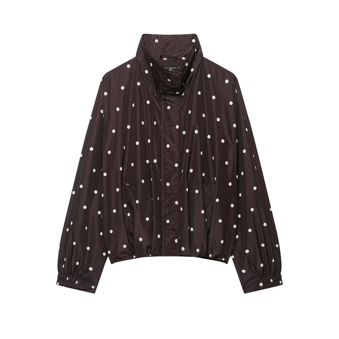 Women Lightweight Cropped Rain Jacket with Stand Collar, Snap Button Placket and Polka Dot Design Mune Fashion