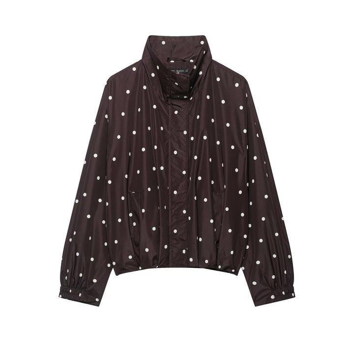 Women Lightweight Cropped Rain Jacket with Stand Collar, Snap Button Placket and Polka Dot Design Mune Fashion