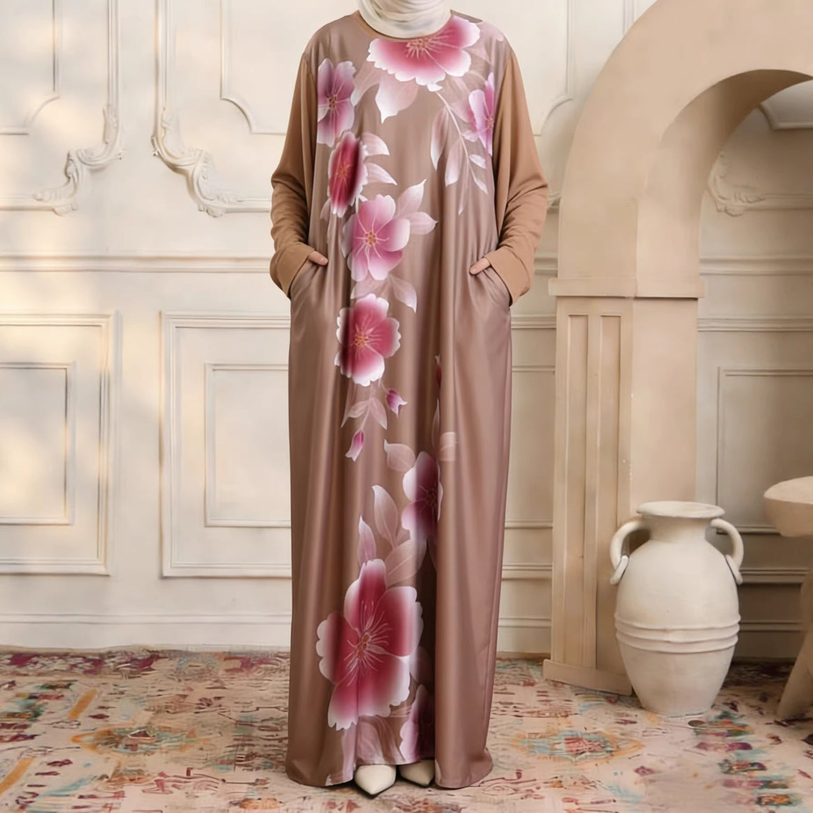 Women's maxi dress in kaftan style with hand-painted floral print Mune Fashion