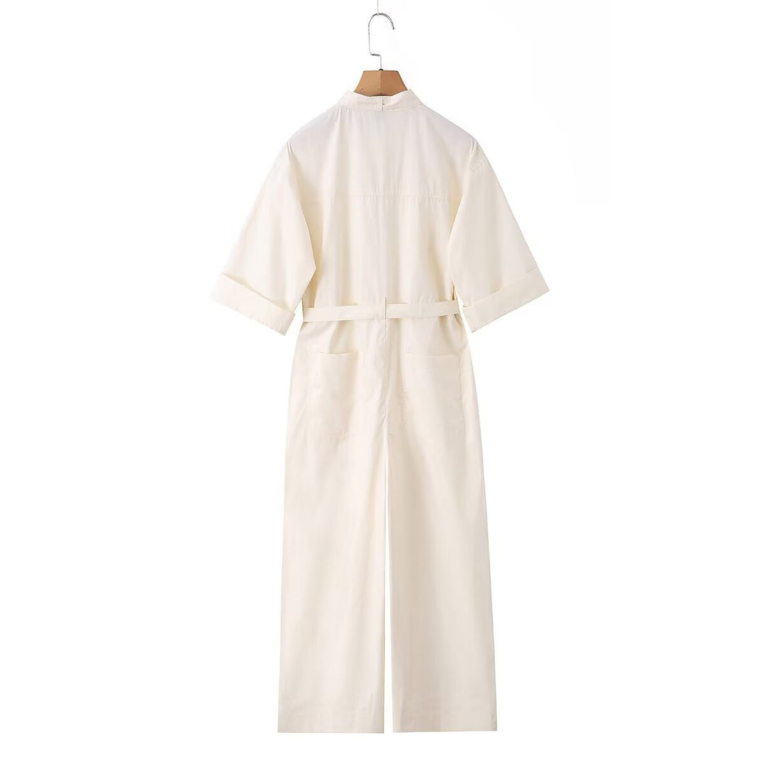 Women’s overall with bow collar, waistband and wide legs Mune Fashion