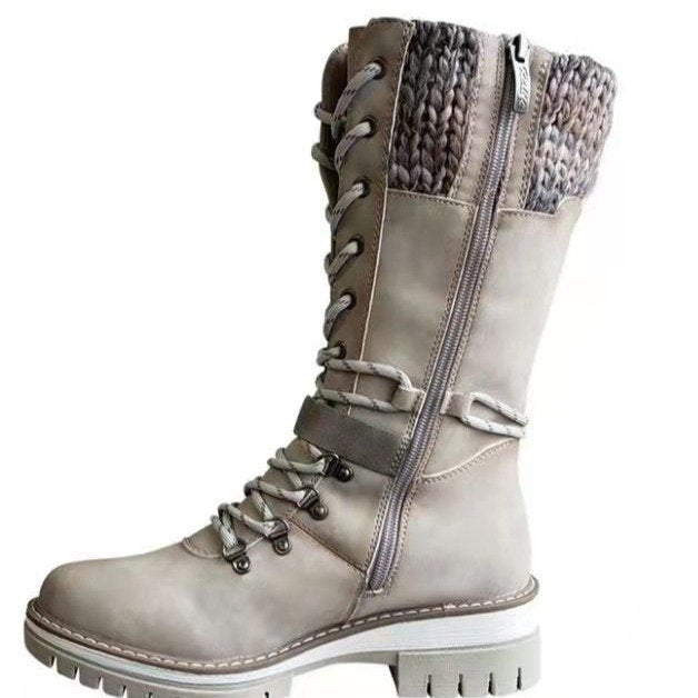 Women's knee-high lace-up boots with knit cuffs, sturdy tread sole, and side zipper Mune Fashion