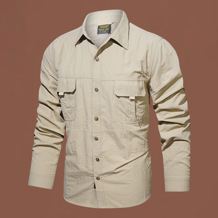 Men's lightweight functional long-sleeve utility shirt with patch chest pockets and breathable nylon blend.