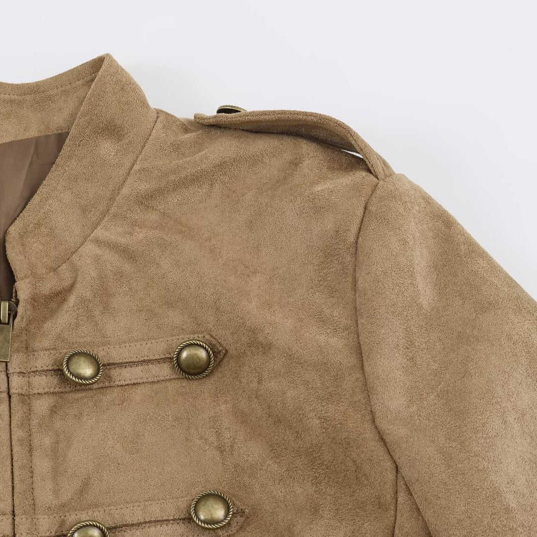 Women's short-cut cavalry jacket made of suede look with decorative button placket and epaulettes Mune Fashion