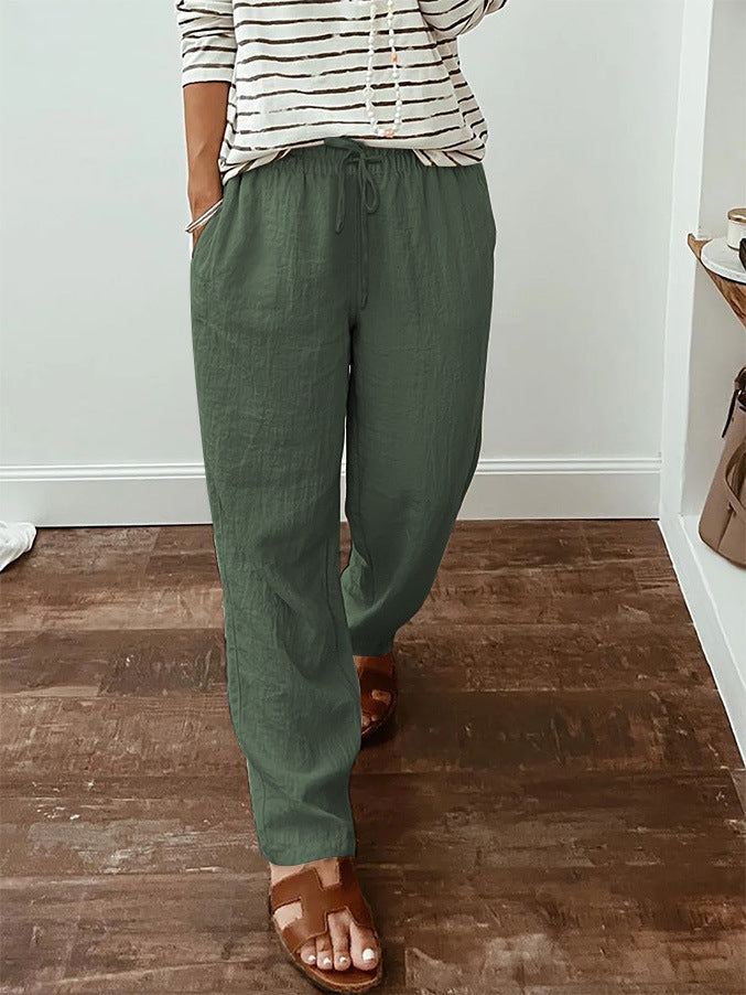 Women's lightweight linen look pants with elastic drawstring, front pockets and wide leg Mune Fashion