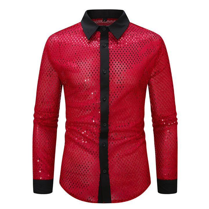 Men's shimmering mesh shirt with contrast button placket and stand-up collar Mune Fashion