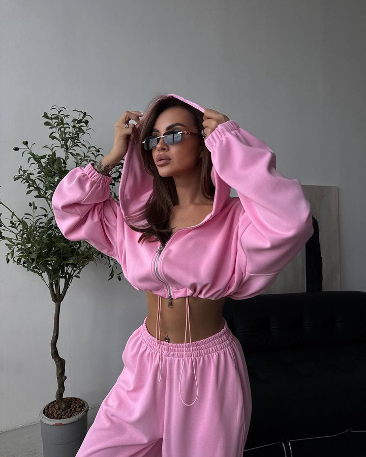Women's crop zipper hoodie and wide-cut high-waist lounge pants set Mune Fashion