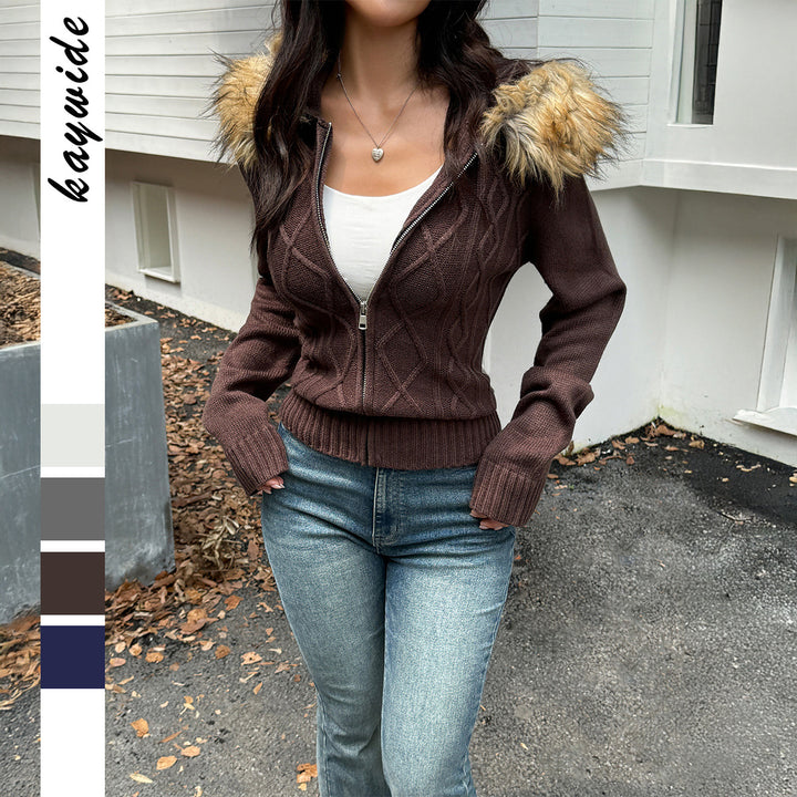 Ladies fitted cable pattern cardigan with full zip and detachable faux fur hood Mune Fashion