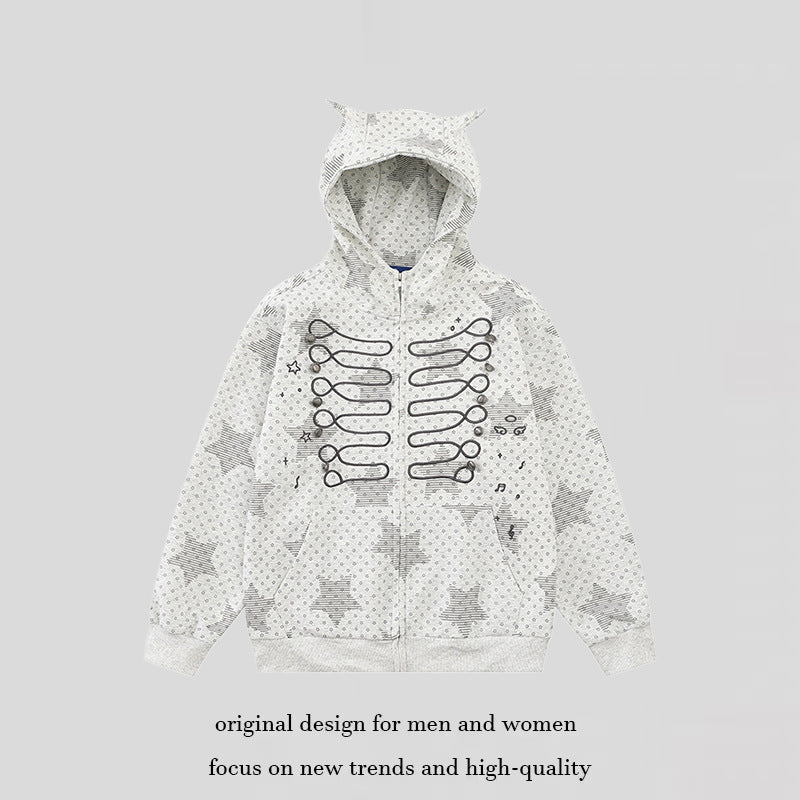 Women's Hoodie Sweat Jacket with 3D Ear Appliqués, Full Zip and Playful Military Illustration Print Mune Fashion