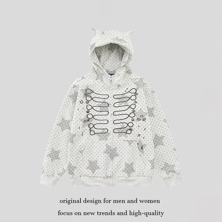 Women's Hoodie Sweat Jacket with 3D Ear Appliqués, Full Zip and Playful Military Illustration Print Mune Fashion
