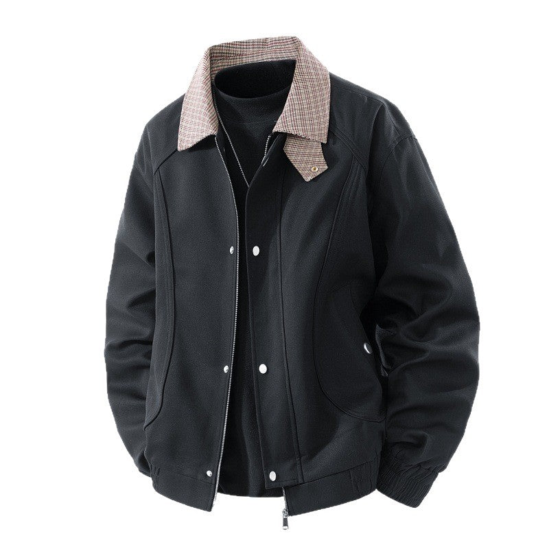 Men's Light Canvas Blouson with Check Collar, Zipper and Snap Button Placket Mune Fashion