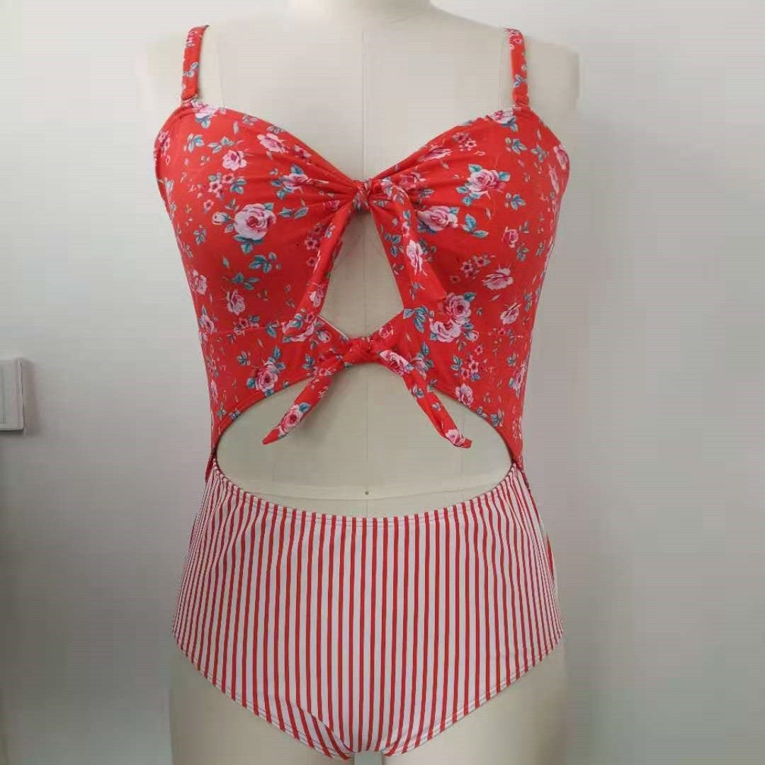 Women's bikini set with playful floral top and striped bottom Mune Fashion