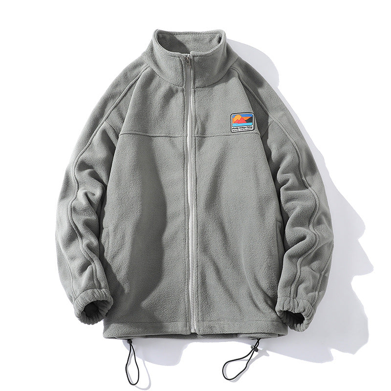 Men's fleece jacket with stand-up collar, full zip, elastic drawstring, and badge patch Mune Fashion