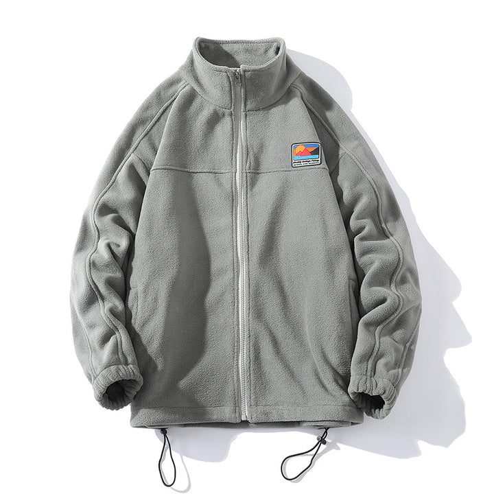 Men's fleece jacket with stand-up collar, full zip, elastic drawstring, and badge patch Mune Fashion
