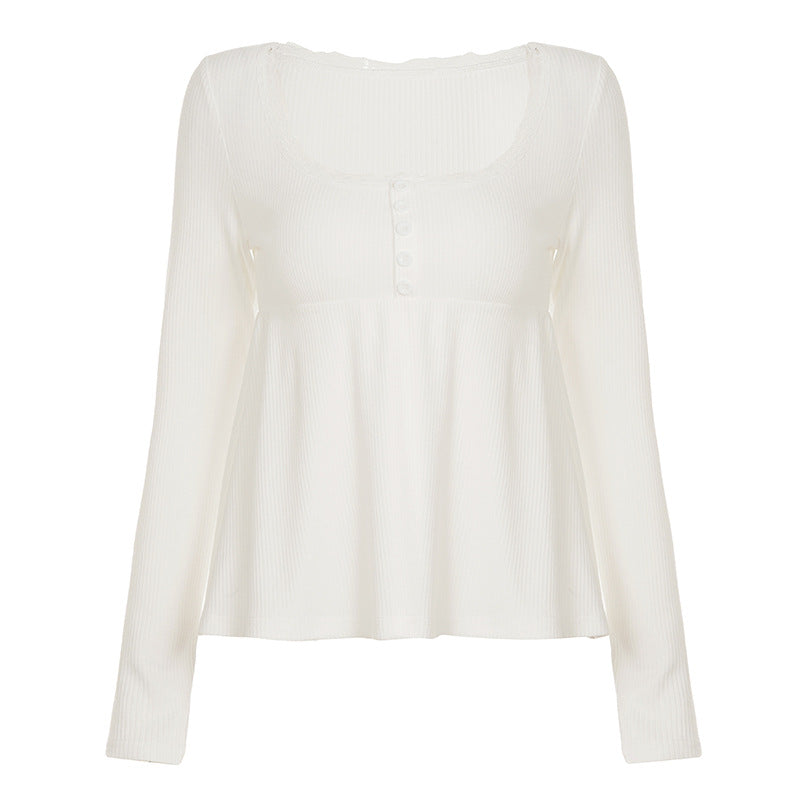 Women's long-sleeve top with empire waist, delicate button placket and lace trim Mune Fashion
